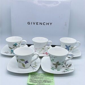 Givenchy 5 Set Wild Flower Motif Coffee Cup & Saucers in White